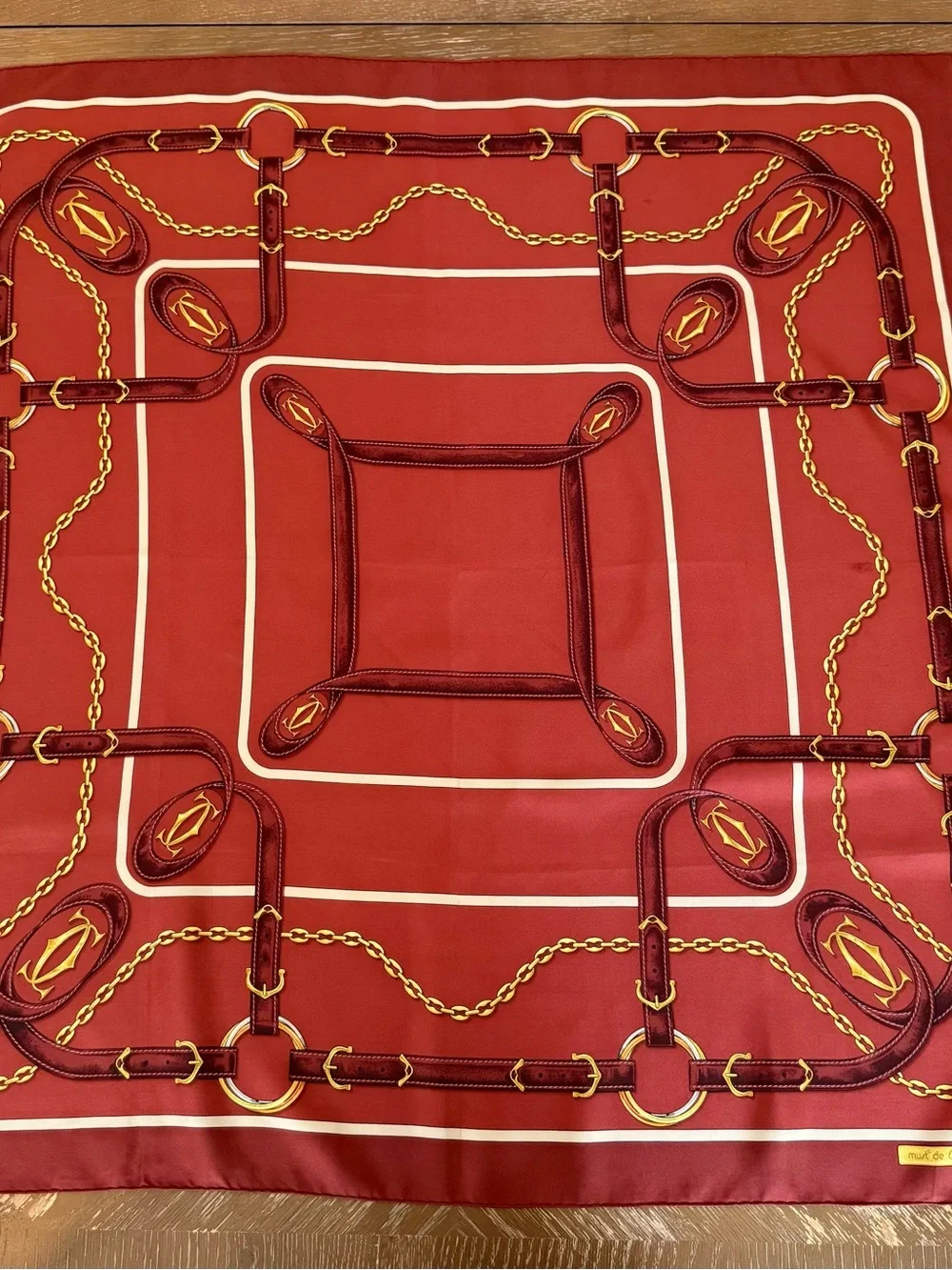 Cartier Silk Scarf Brown Yellow Chain Belt Hand Rolled Made in France